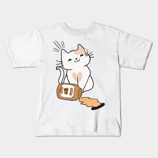 Cute White Cat spilled a jar of peanut butter Kids T-Shirt